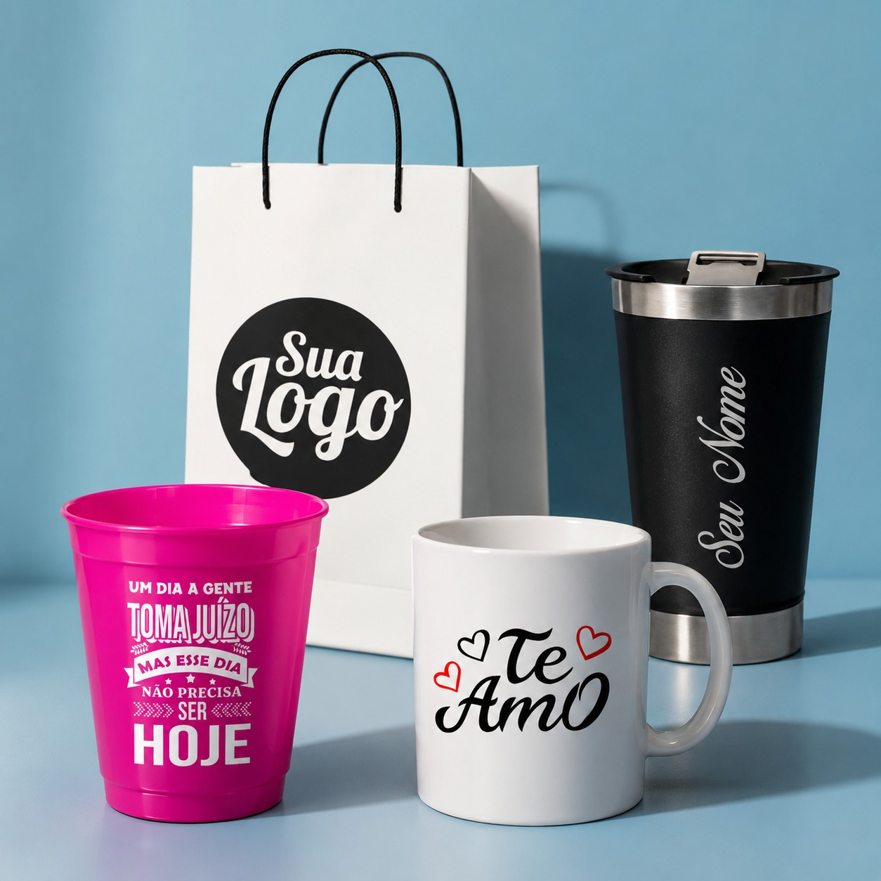 Copos, canecas, garrafas térmicas e sacolas personalizadas pela 4G